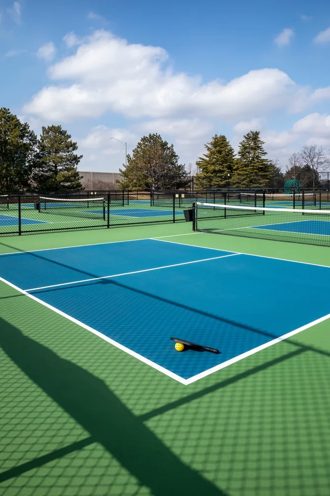 pickleball courts with black paddle and yellow ball