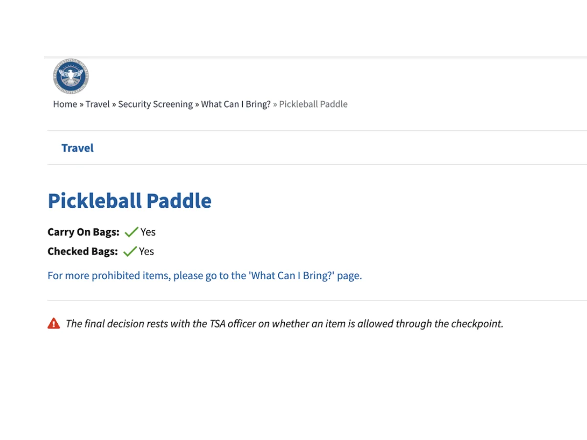 Pickleball paddles are allowed to bring on the plane based on rule from TSA