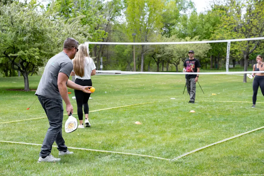 group of friend playing pickleball on grass